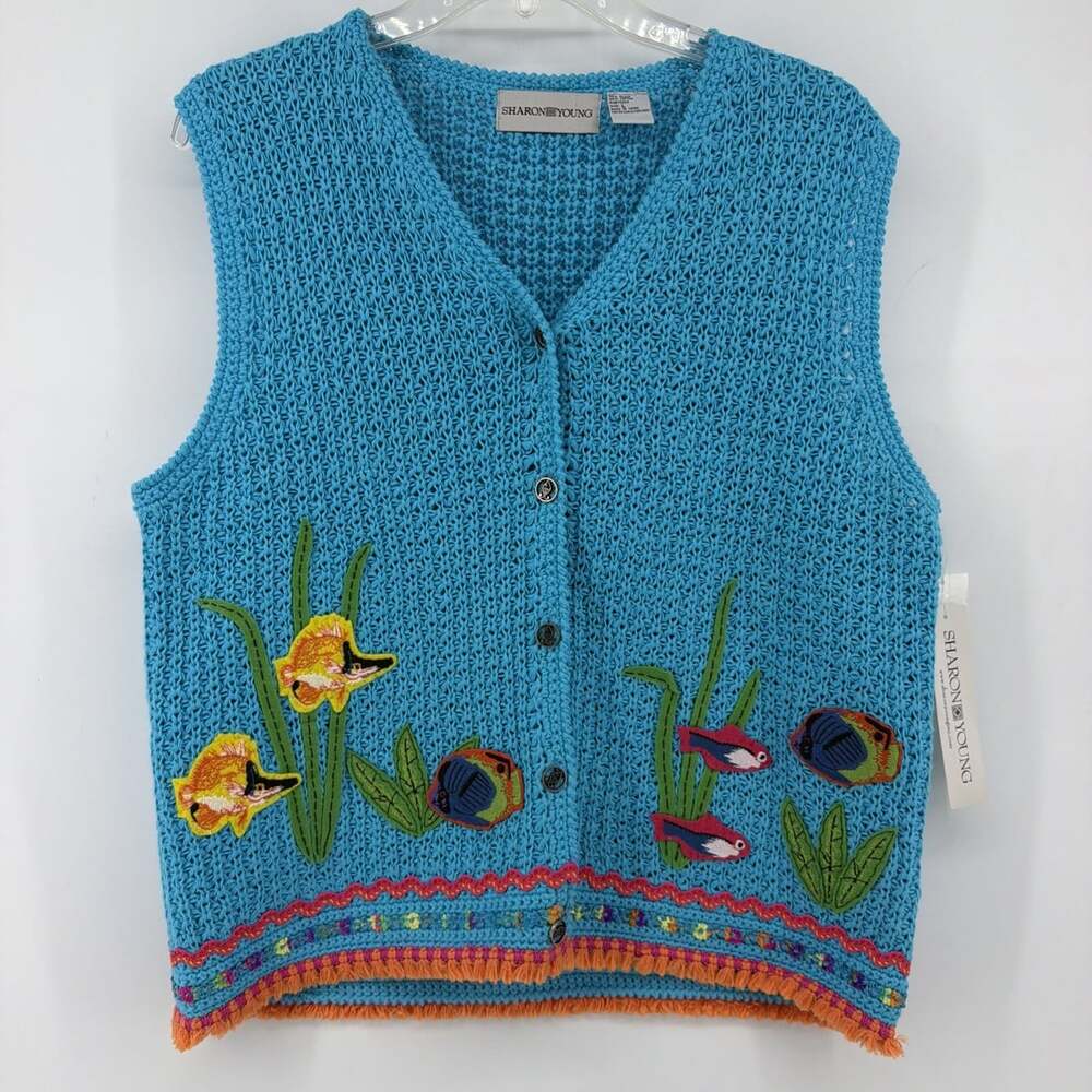 Vintage Sharon Young Multicolor Fish Pattern Knit Sweater Vest Cotton Blend